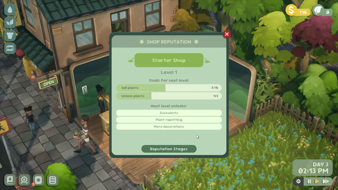 Leafy Corner demo reputation screen with progress and shop goals
