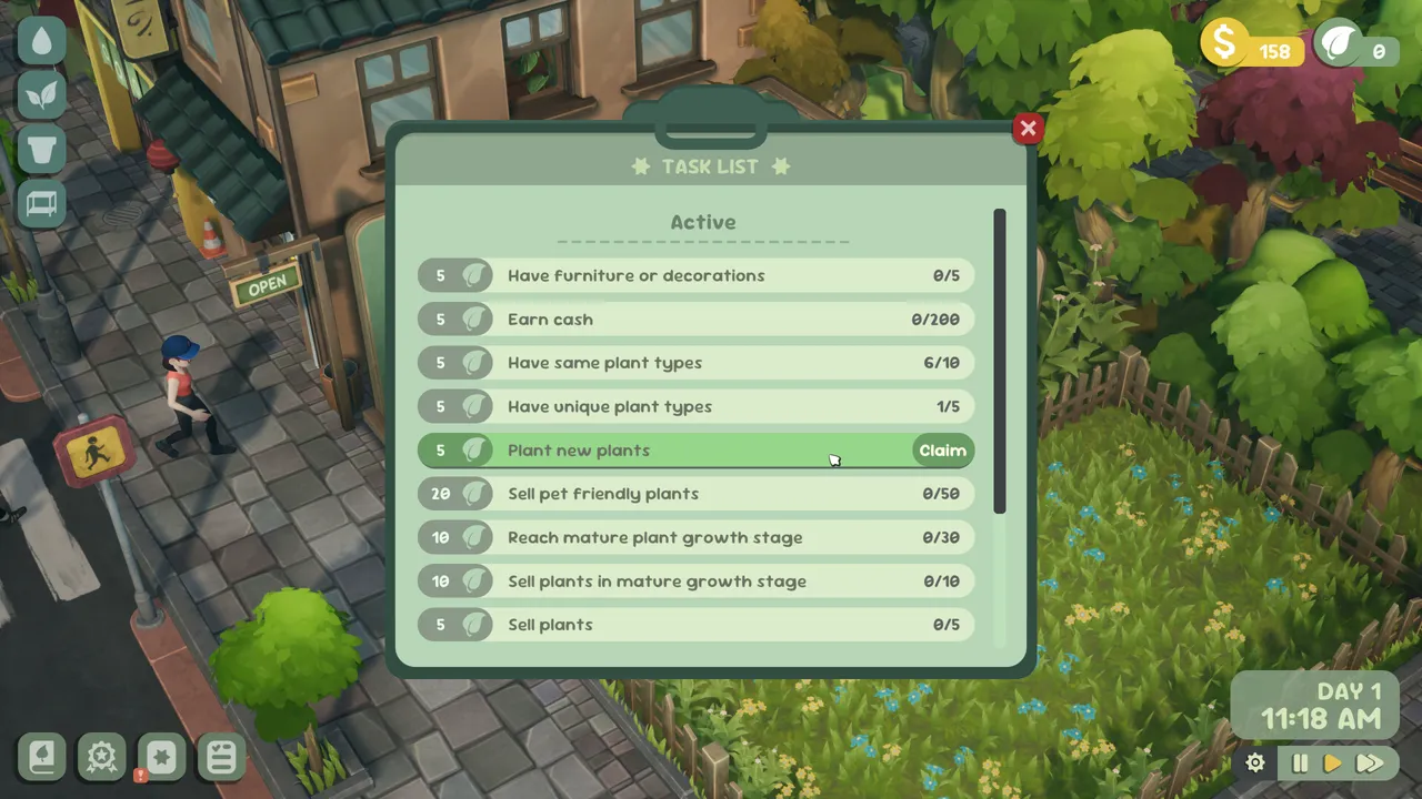 Leafy Corner demo task panel with multiple visible objectives