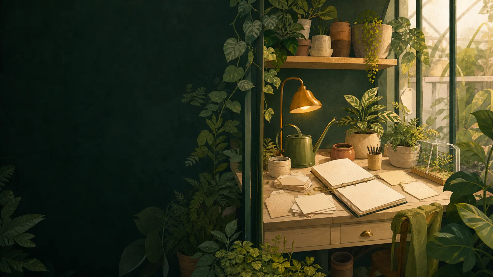 Original illustrated plant-shop desk with request cards, pots, a watering can, and an open reference binder